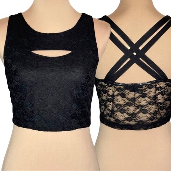 Love & Love Tops - NWOT Love & Love Crop Top Black Lace Sleeveless Cut Out Cross Straps Sz. L